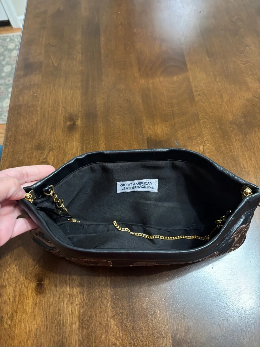 Women's Black Leather Clutch with Brown Floral Embroidery